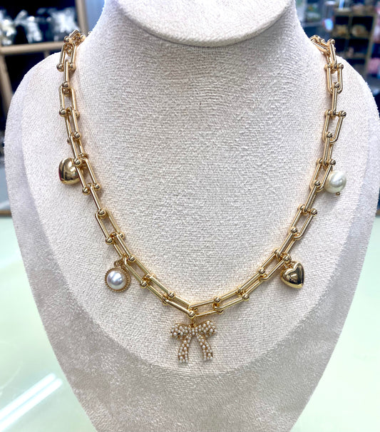 Pearl Bow Charm Necklace /  Water Resistant