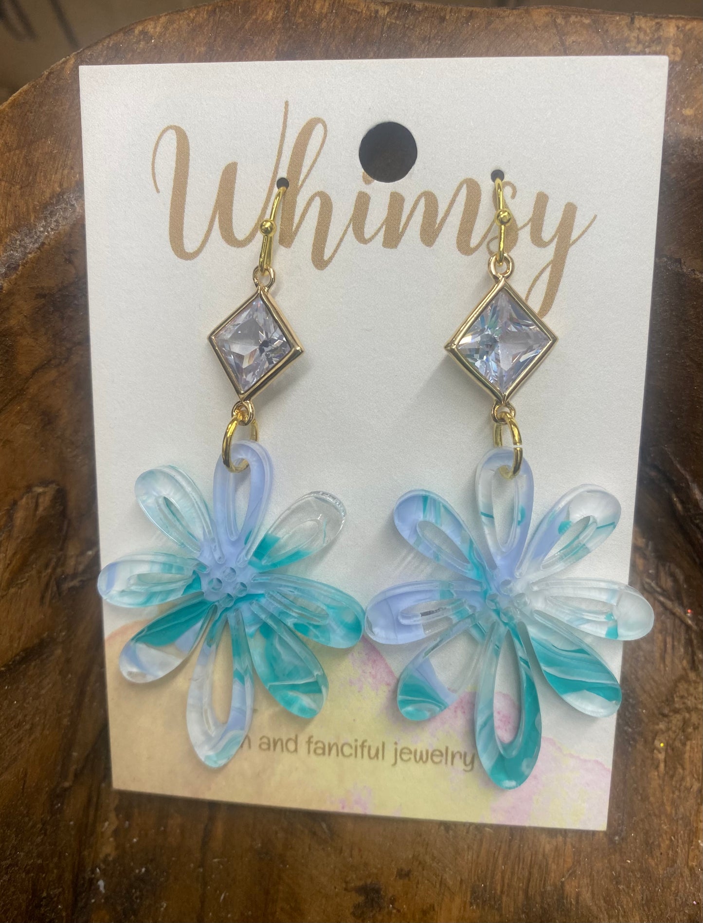 Teal, blue and white flower earrings w/ rhinestone / Whimsy Jewels