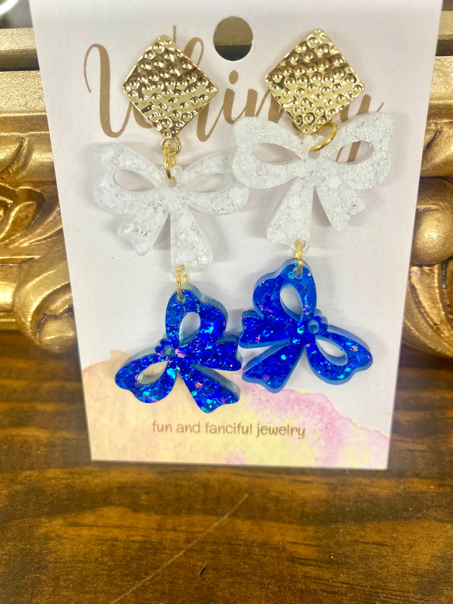 White & Blue Metallic Bow Earrings / gold post / Whimsy Jewels