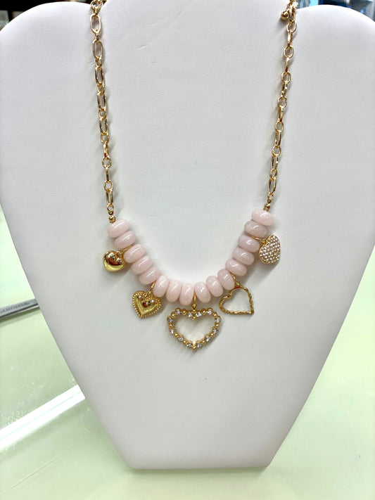 Pink Beaded & Gold Heart Charm Necklace