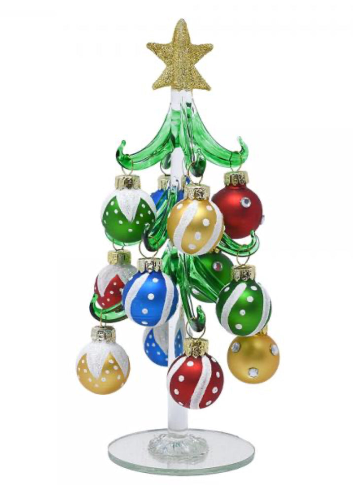 Green Glass Tree 8” with White Swirl Ornaments