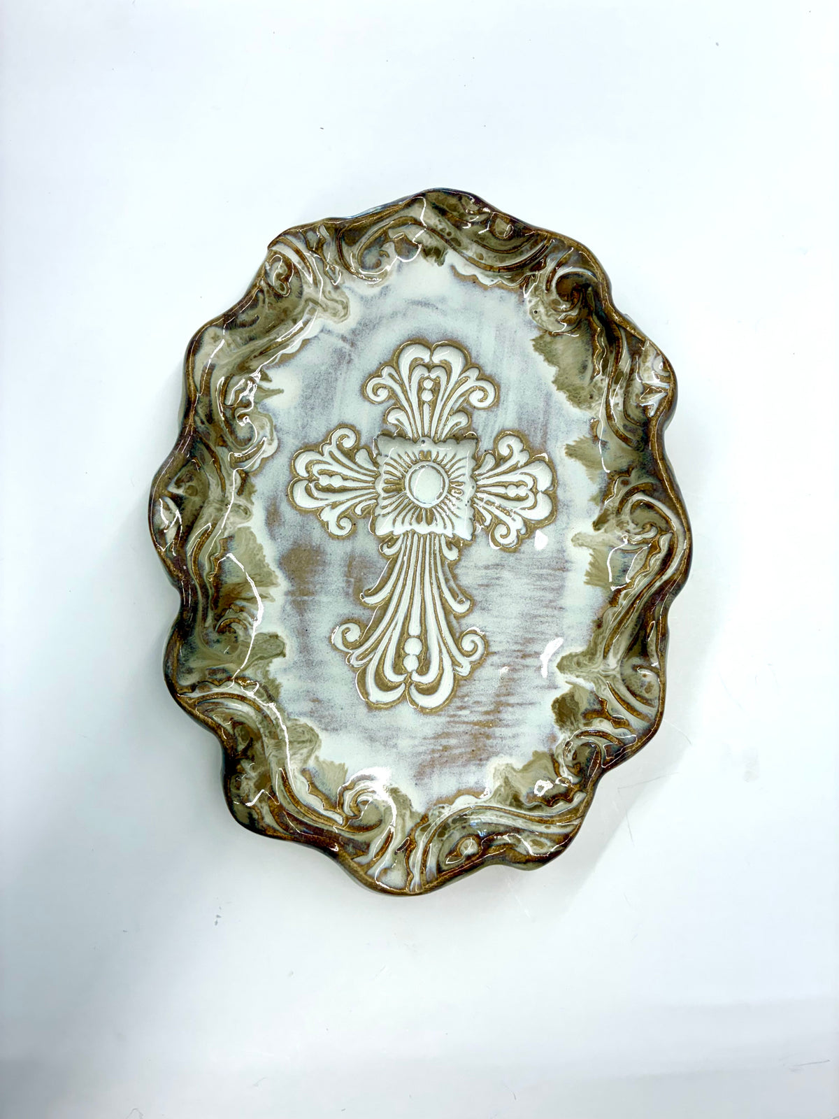 Ruffled Filigree Cross Tray - Tab Boren Pottery 10x7  #408