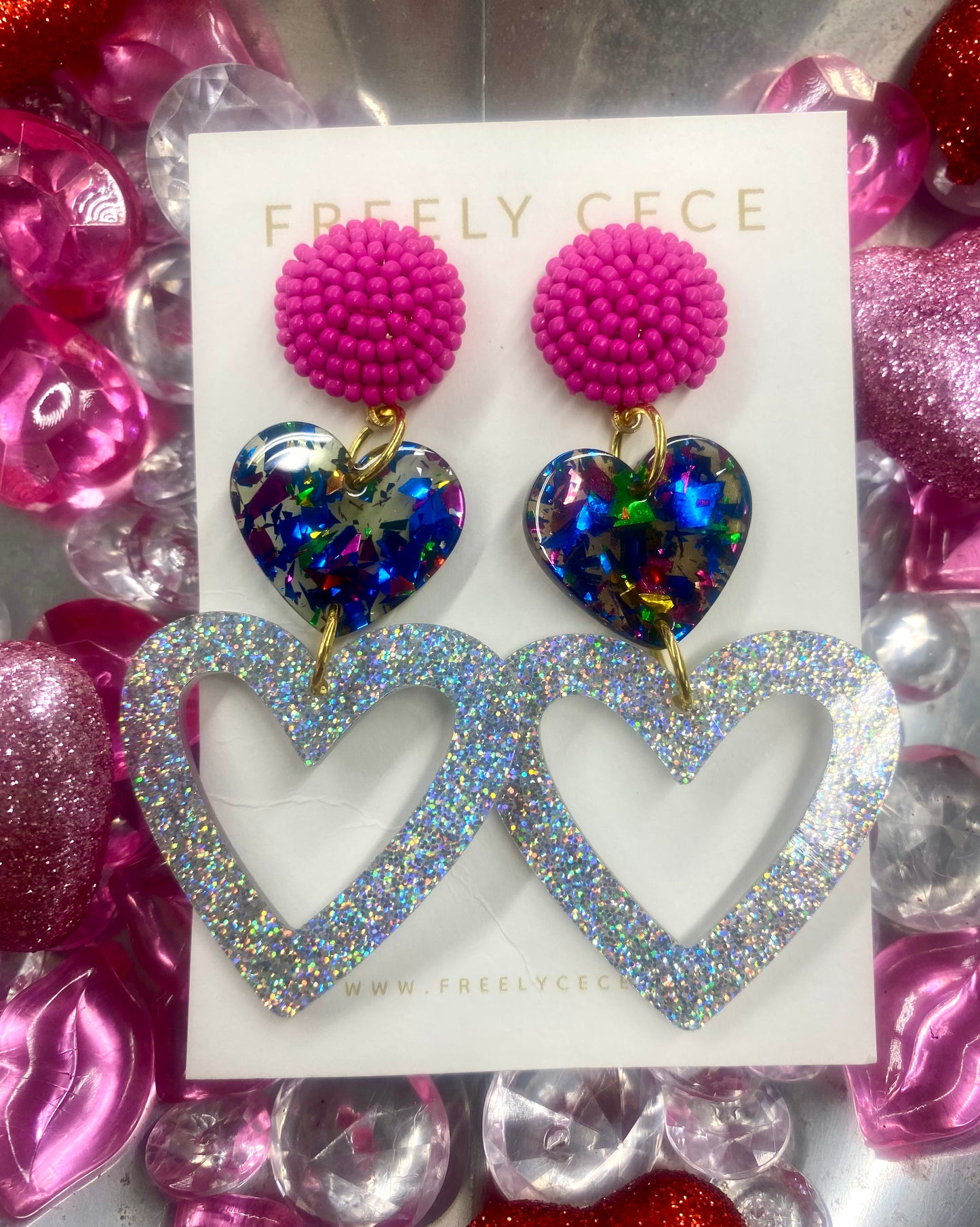 Hot Pink/ Silver Glitter Hearts/  Blue/Pink Confetti Hearts/ Freely CeCe