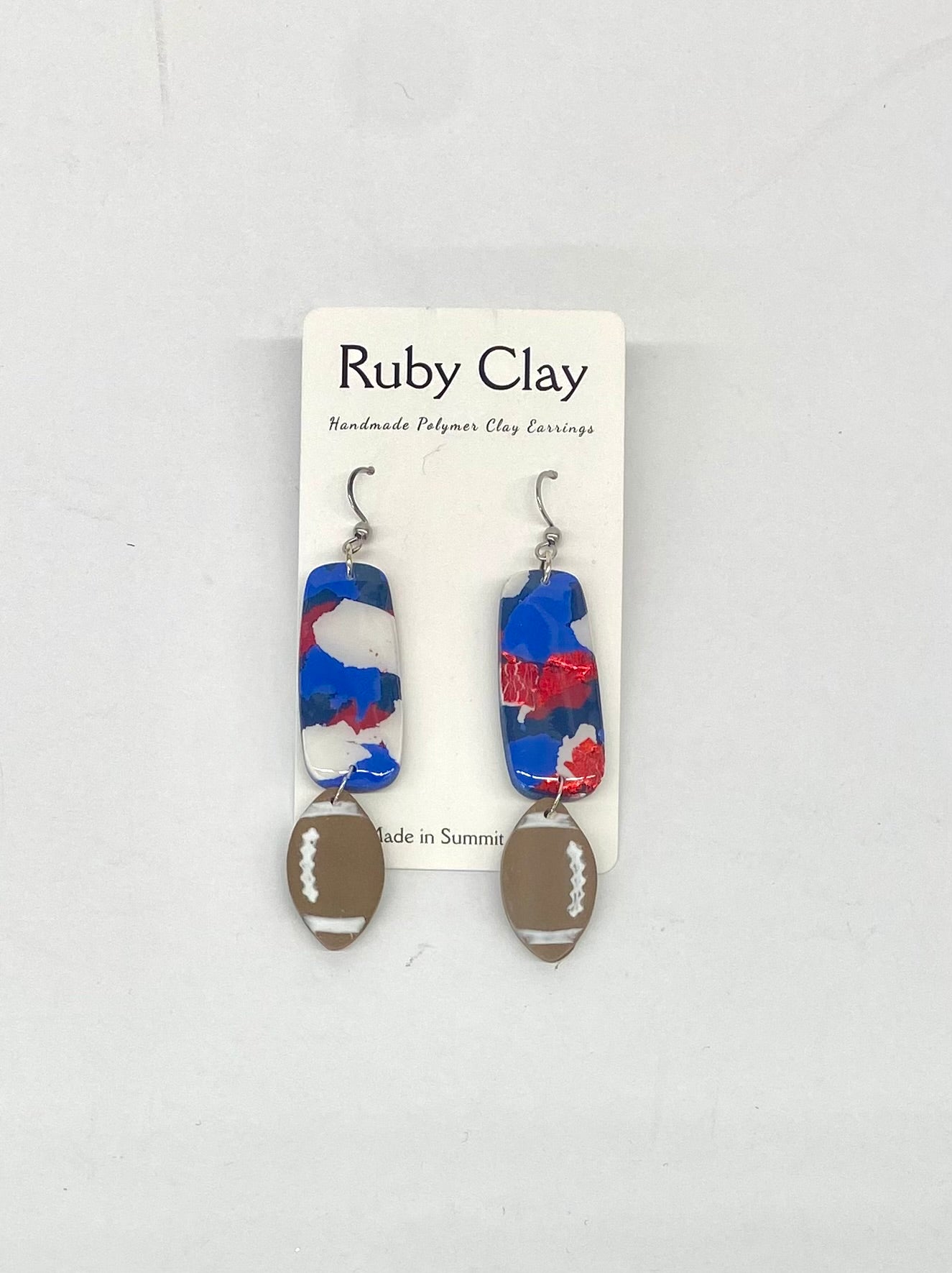 Football Earrings Red, White, and Blue in Silver / Ruby Clay