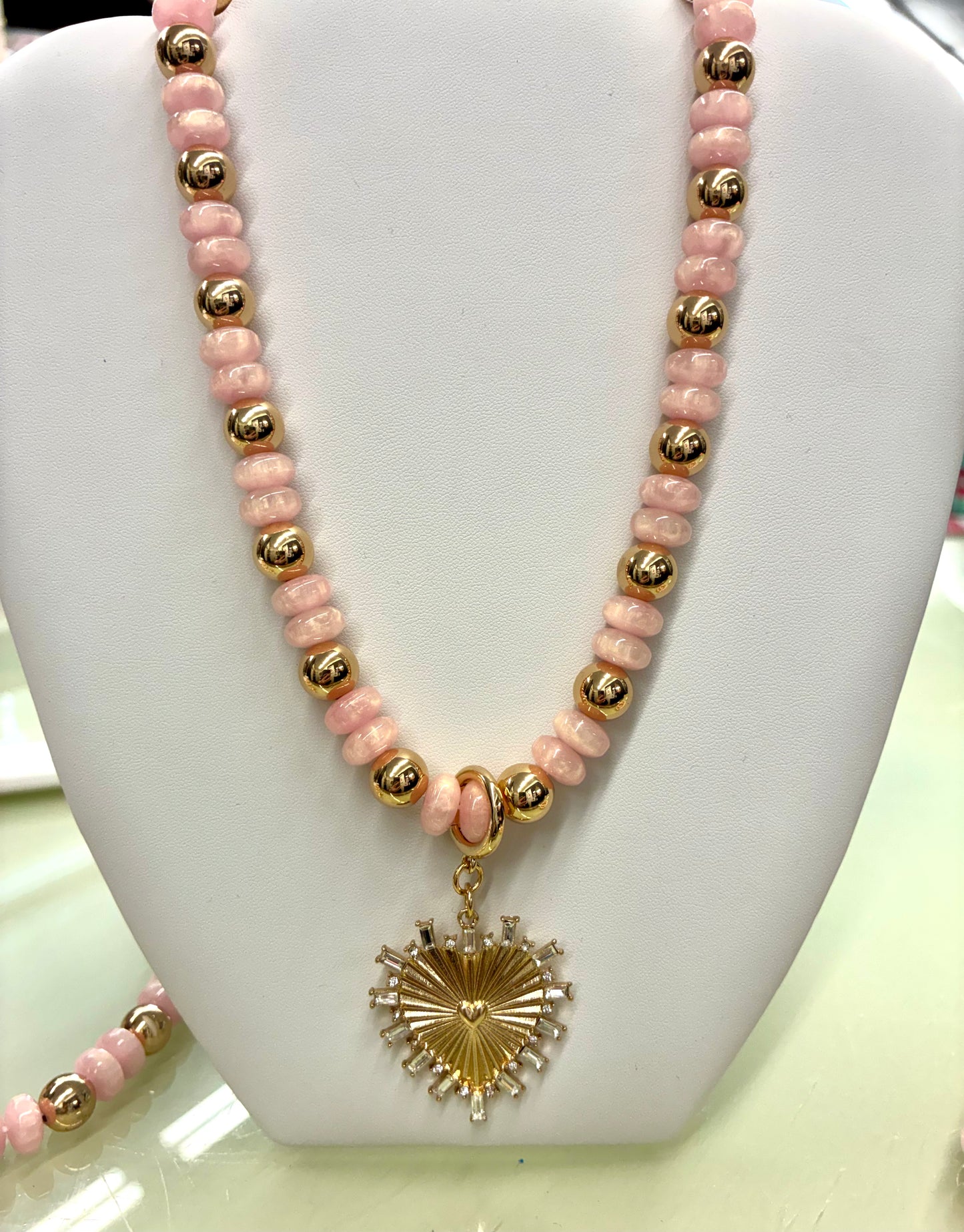 Pink & Gold Beaded Heart Necklace Magnetic Clasp / Pink & Gold Beaded Bracelet - Waterproof