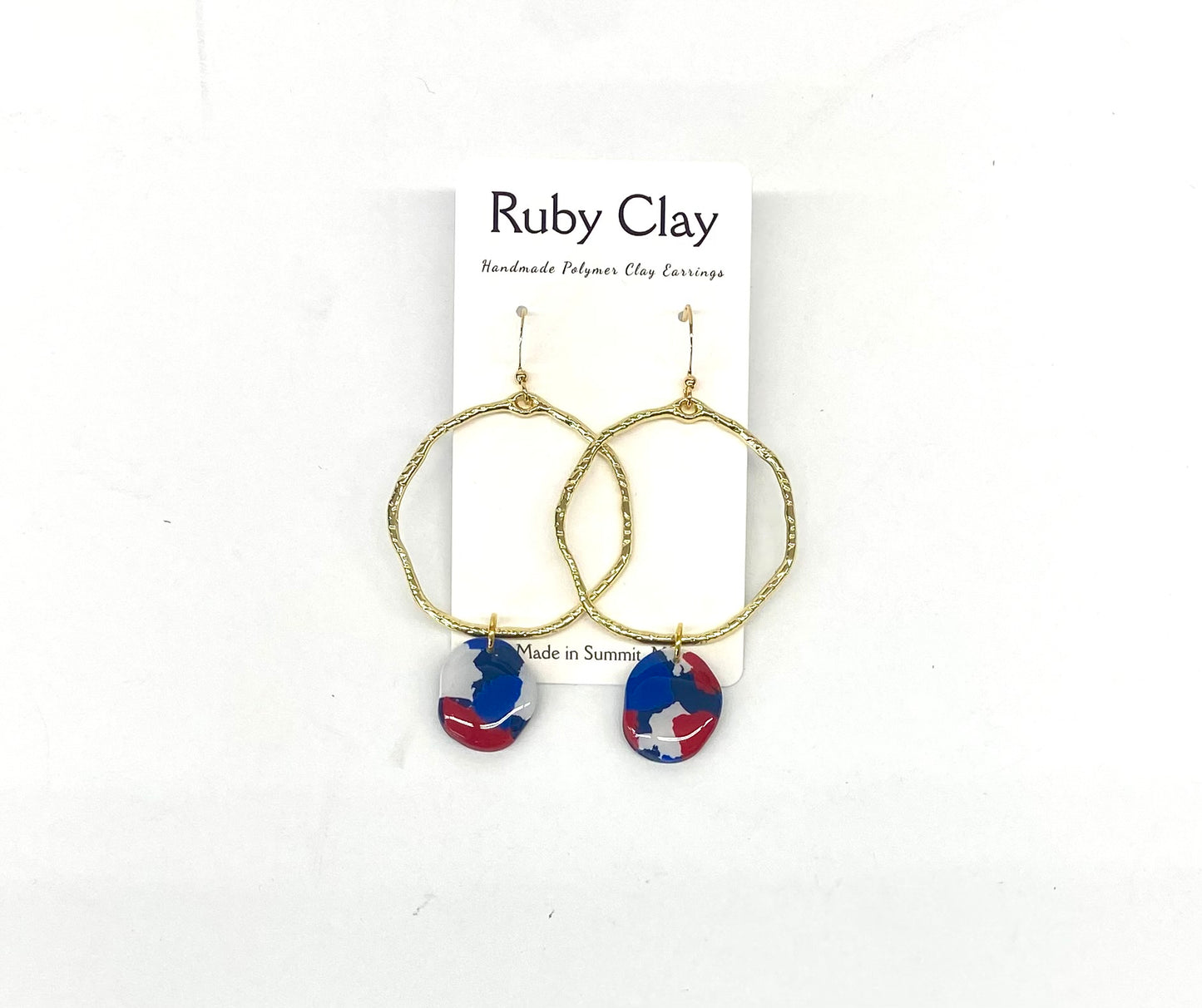 Polymer Clay Blue, Red, and White On Gold Hoop Earrings  /  Ruby Clay