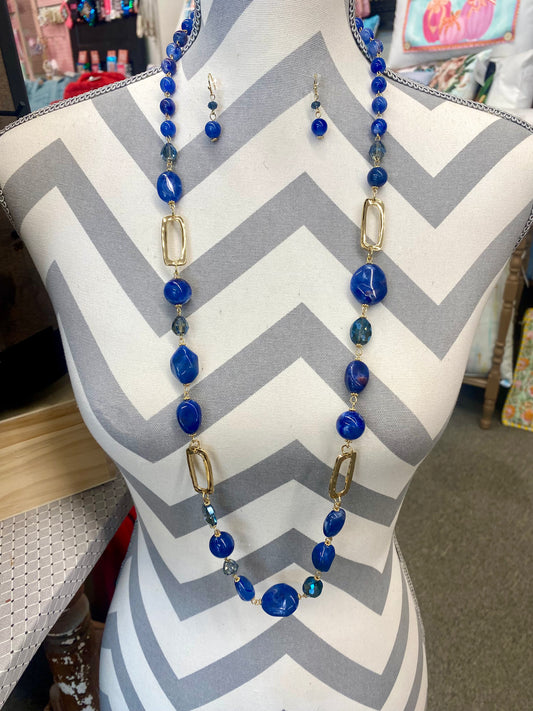 Long Royal Blue & Gold Beaded Necklace with Beaded Earrings Set