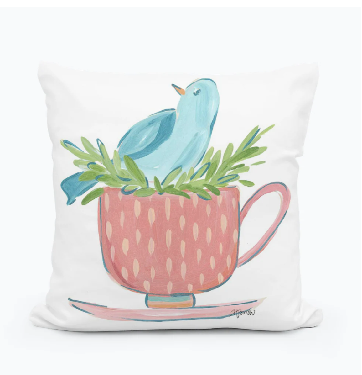 Haley Bluebird in Pink Tea Cup Square Pillow 12x12