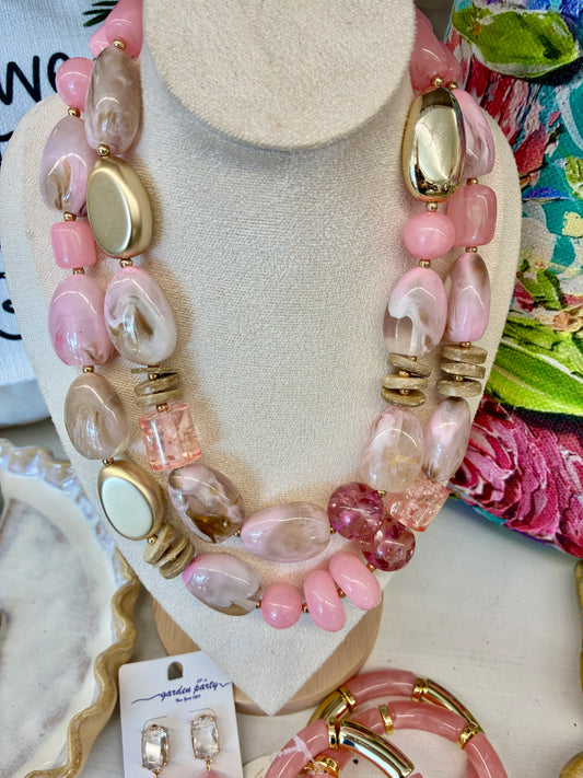 Bold Pink & Gold Chunky Beaded Double Strand Layered Necklace