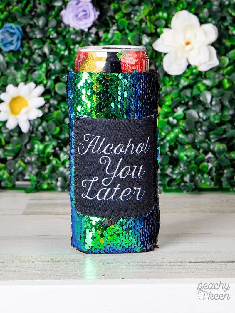 Peachy Keen Alcohol you Later Sequin Shifting Slim Can Cooler: Slim Can / One Size