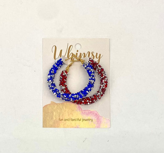 Red and Blue With Silver Glitter Hoop Earrings / Whimsy Jewels