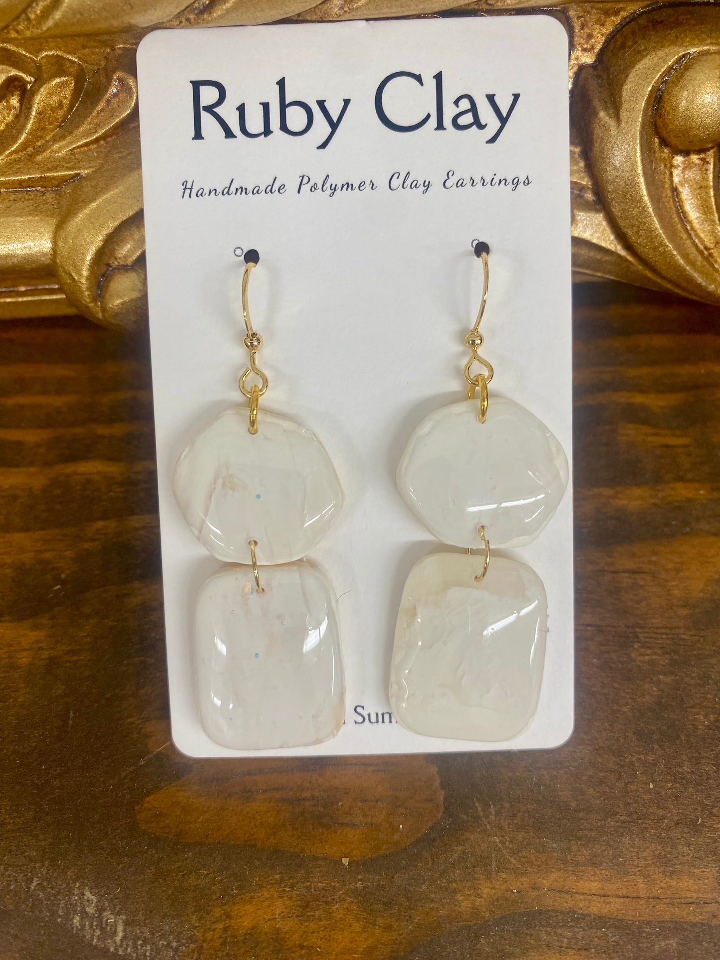 Polymer Clay Dangle Cream/White Earrings by Ruby Clay