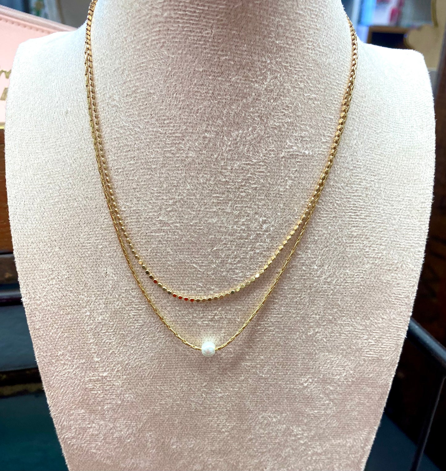 Brass Gold 2-Strand Necklace with Pearl