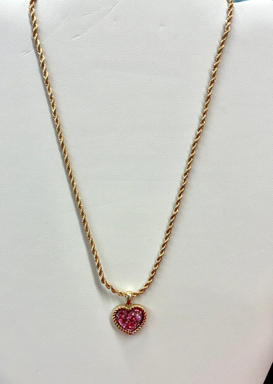 Pink Glitter Heart Necklace Gold Rope Chain with Gold Stud Earrings