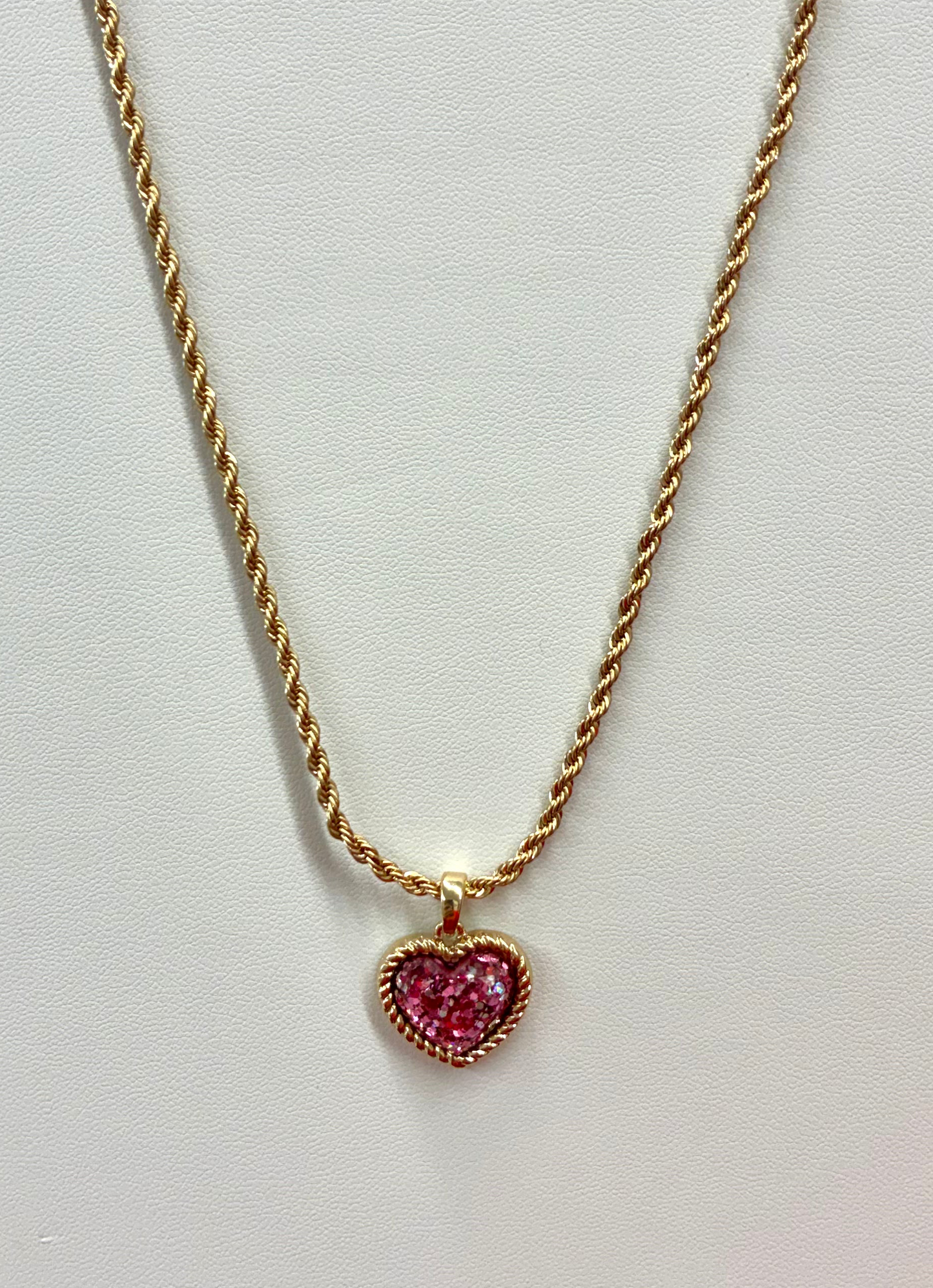 Pink Glitter Heart Necklace Gold Rope Chain with Gold Stud Earrings