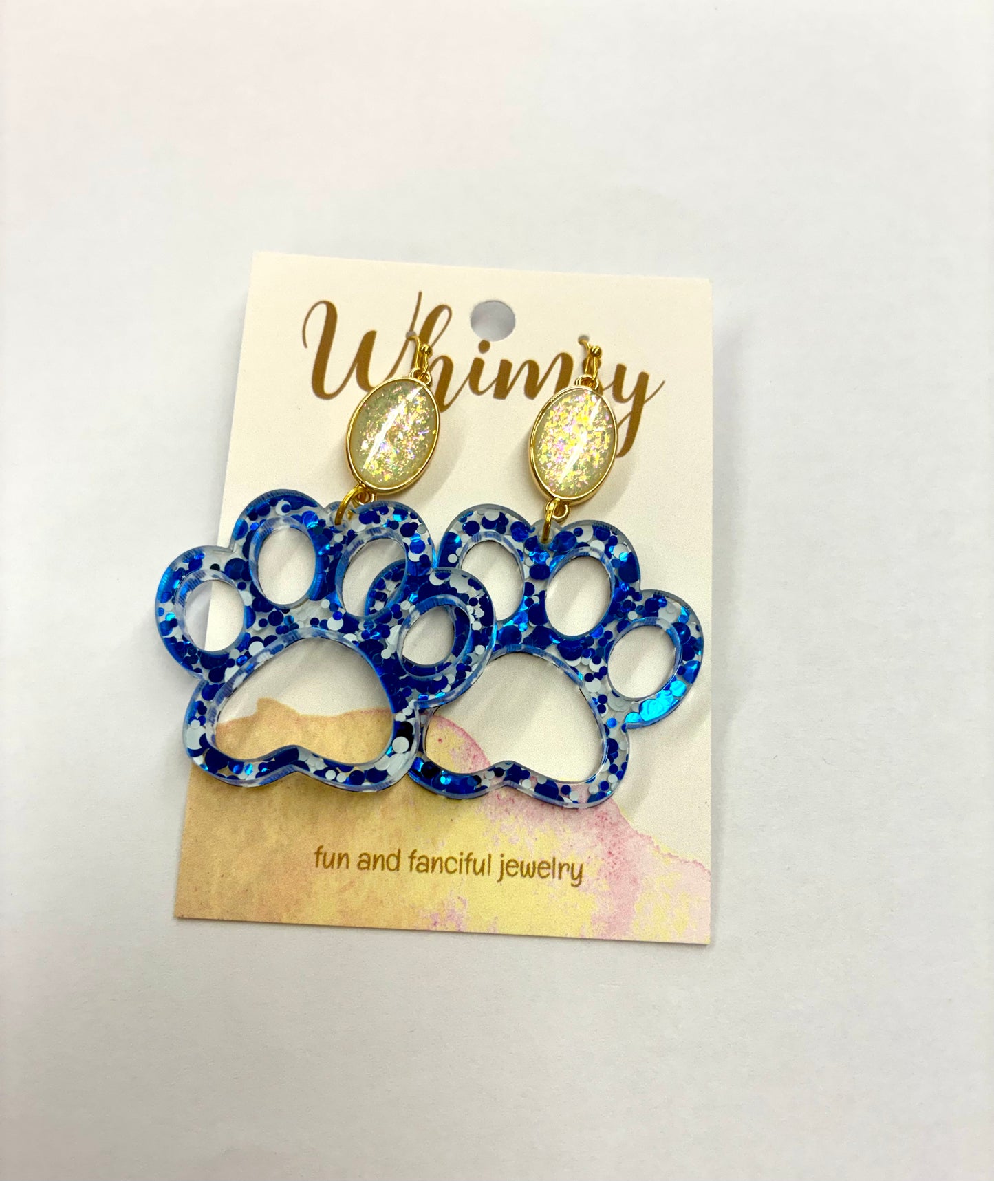 Blue and White Iridescent Paw Earrings with Iridescent Stone