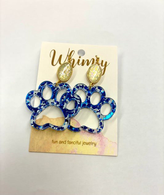 Blue and White Iridescent Paw Earrings with Iridescent Stone