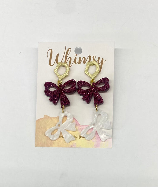 Maroon, White, and Gold Bow Earrings  Great for MSU!!  / Whimsy Jewels