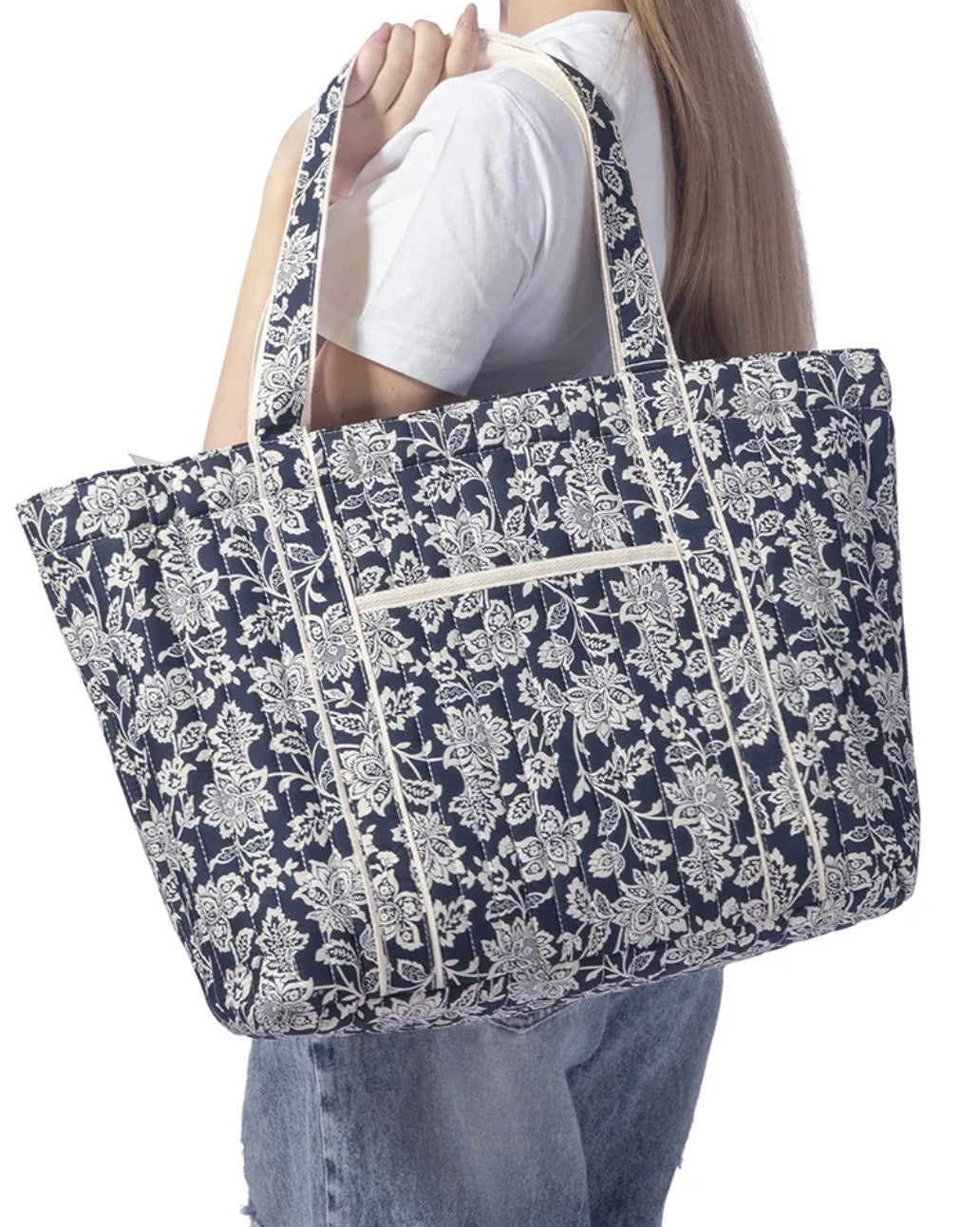 Navy Floral Print Quilted Tote Bag with Shoulder Straps
