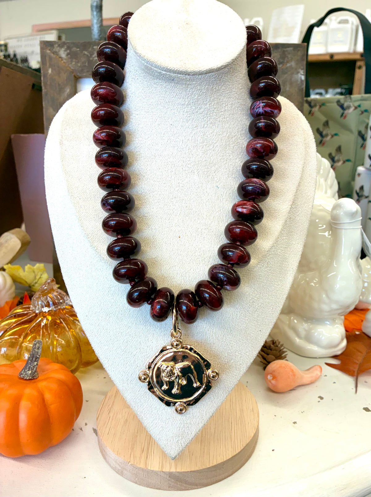 Chunky Beaded Maroon Beaded Necklace with Gold Bulldogs Charm