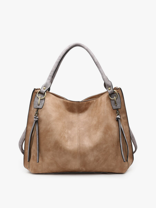 Connar Distressed Side Pocket Tote: Tan