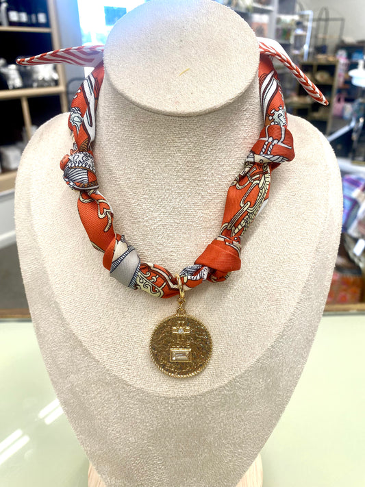 Orange/White or Black/ Navy Scarf Charm Necklace with Gold Stud Earrings - Water Resistant    (mk)