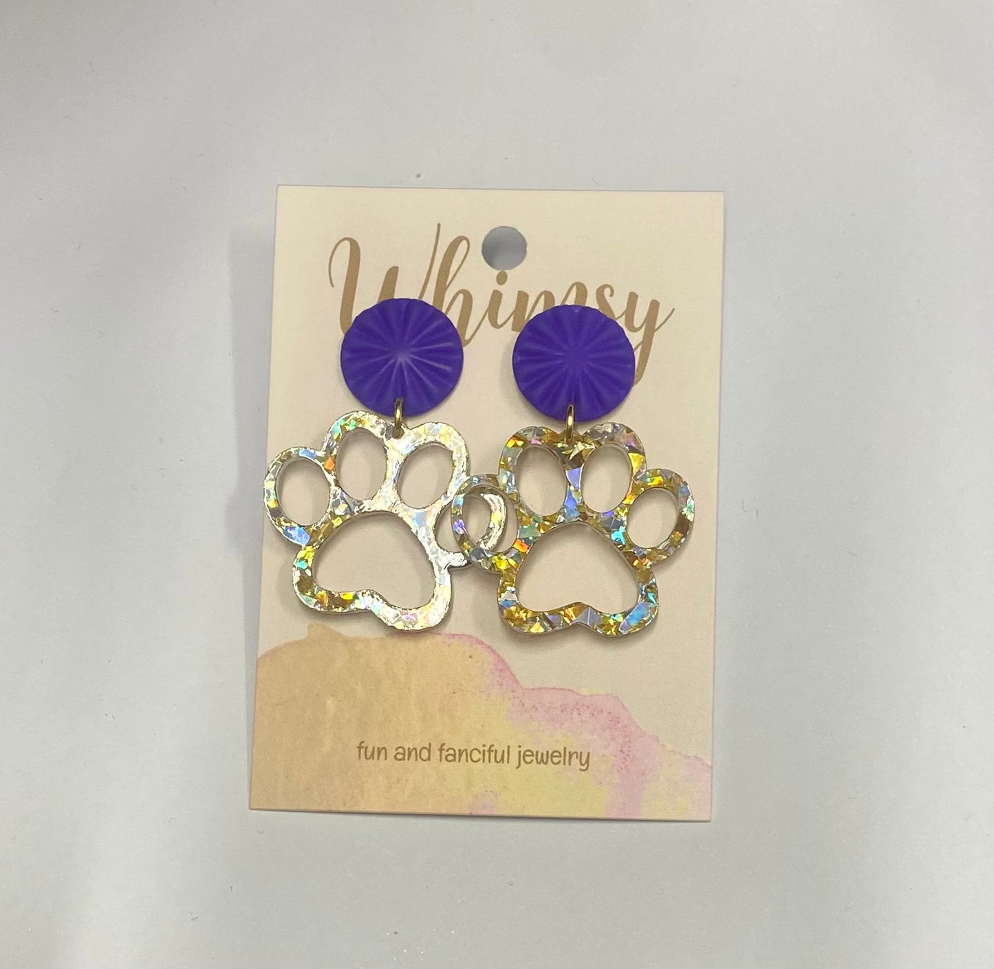 Gold/Silver Glitter Paw Earrings with Purple Accent