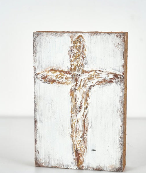 Hand painted 4x6 Wood Cross Block Ivory & Gold