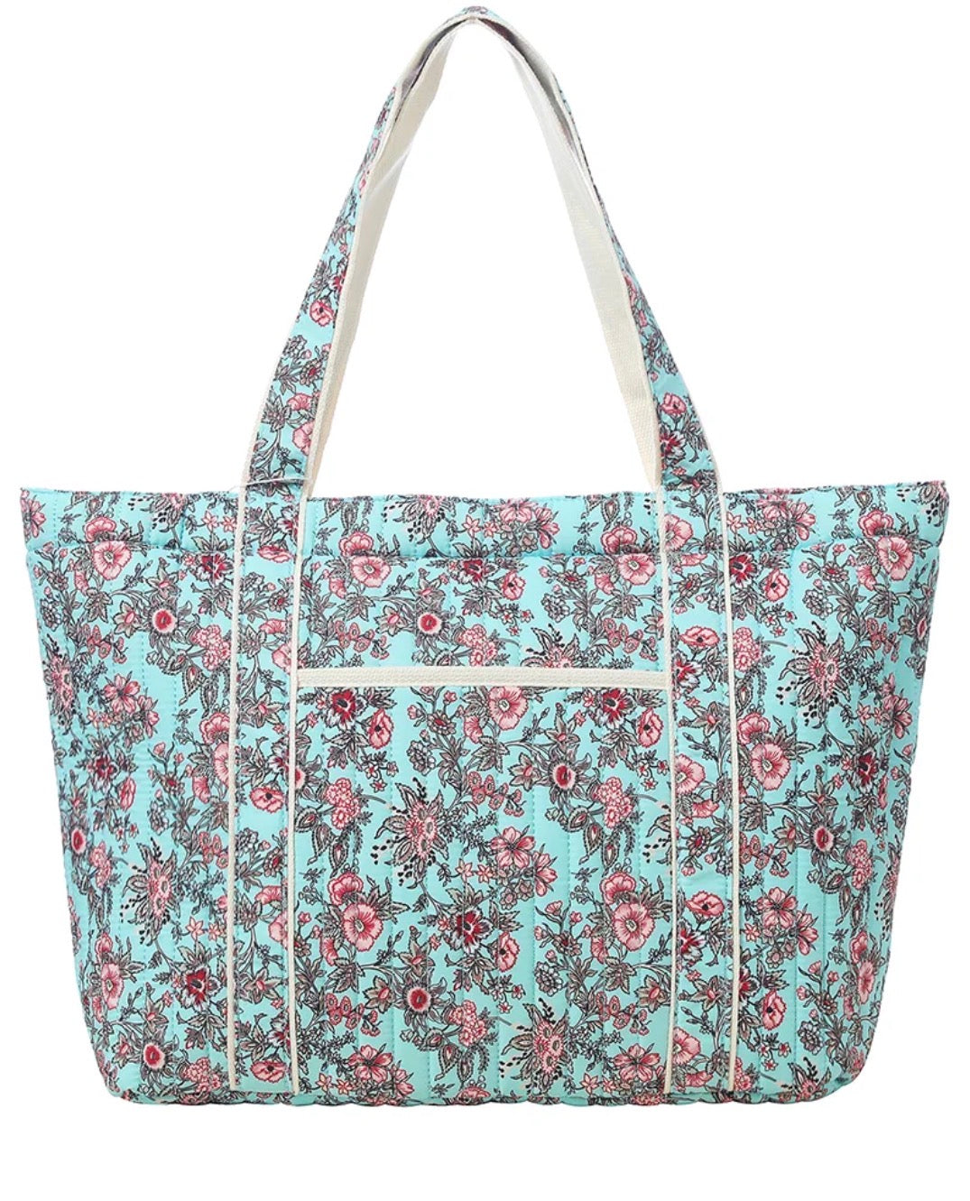 Floral Print Tote Bag with Shoulder Straps - Turquoise