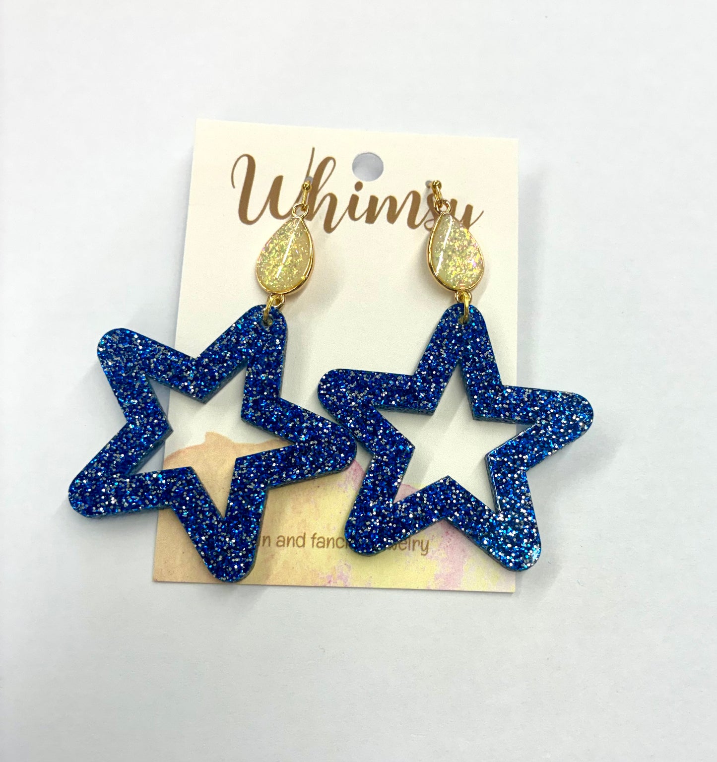 Blue Glitter Star Earrings with Gold Iridescent Stone