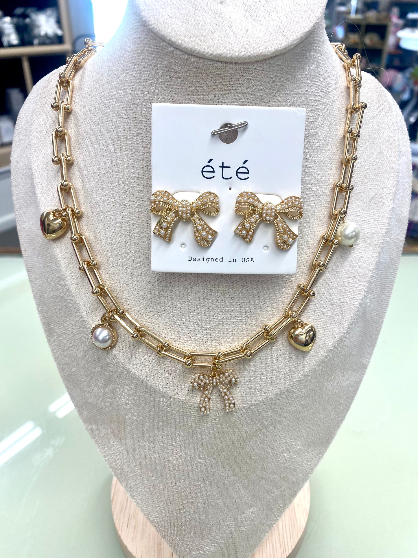 Pearl Bow Charm Necklace /  Water Resistant