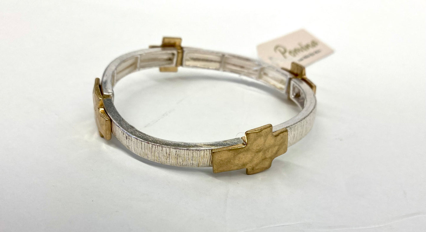 2-Toned Hammered Stretch Cross Bracelet