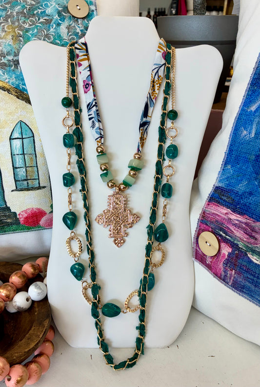 Esmeralda Green Scarf Cross Necklace