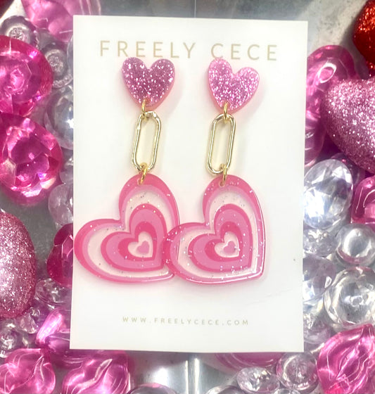 Heart Pink Glitter Drop Earrings / Freely CeCe