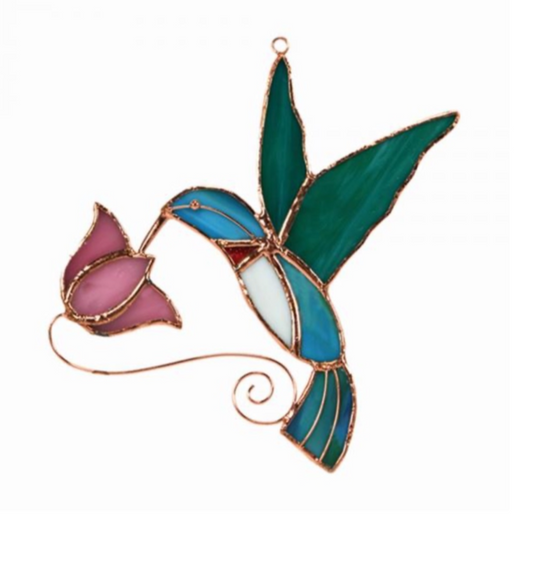 Stained Glass Hummingbird with Pink Flower Suncatcher