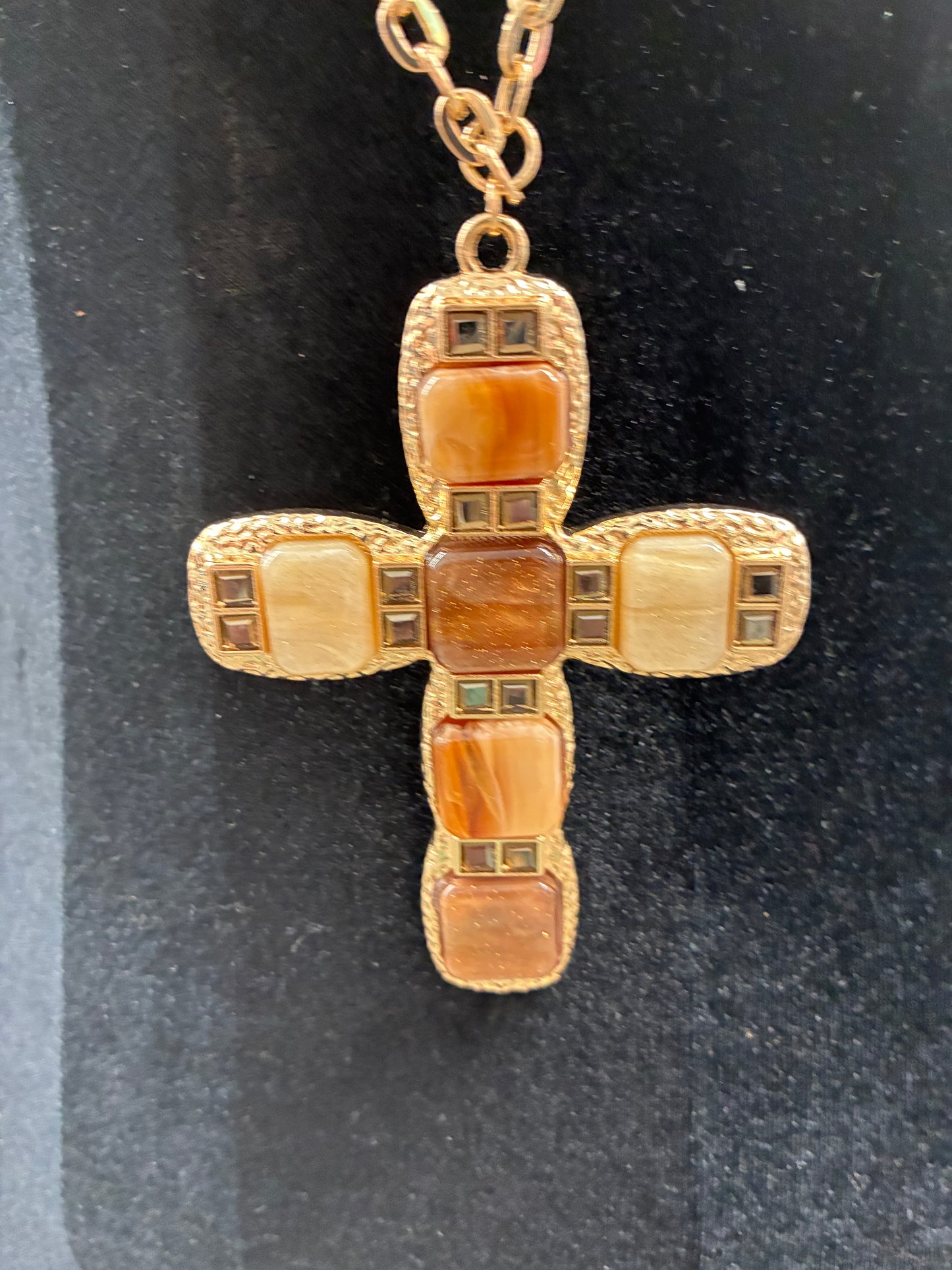 Pendant Brown Cross Long Gold Chain Necklace 34” + 2.5”