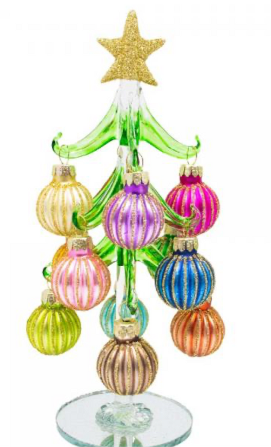 Green Glass 8 inch Tree with Pastel Ridged Ornaments
