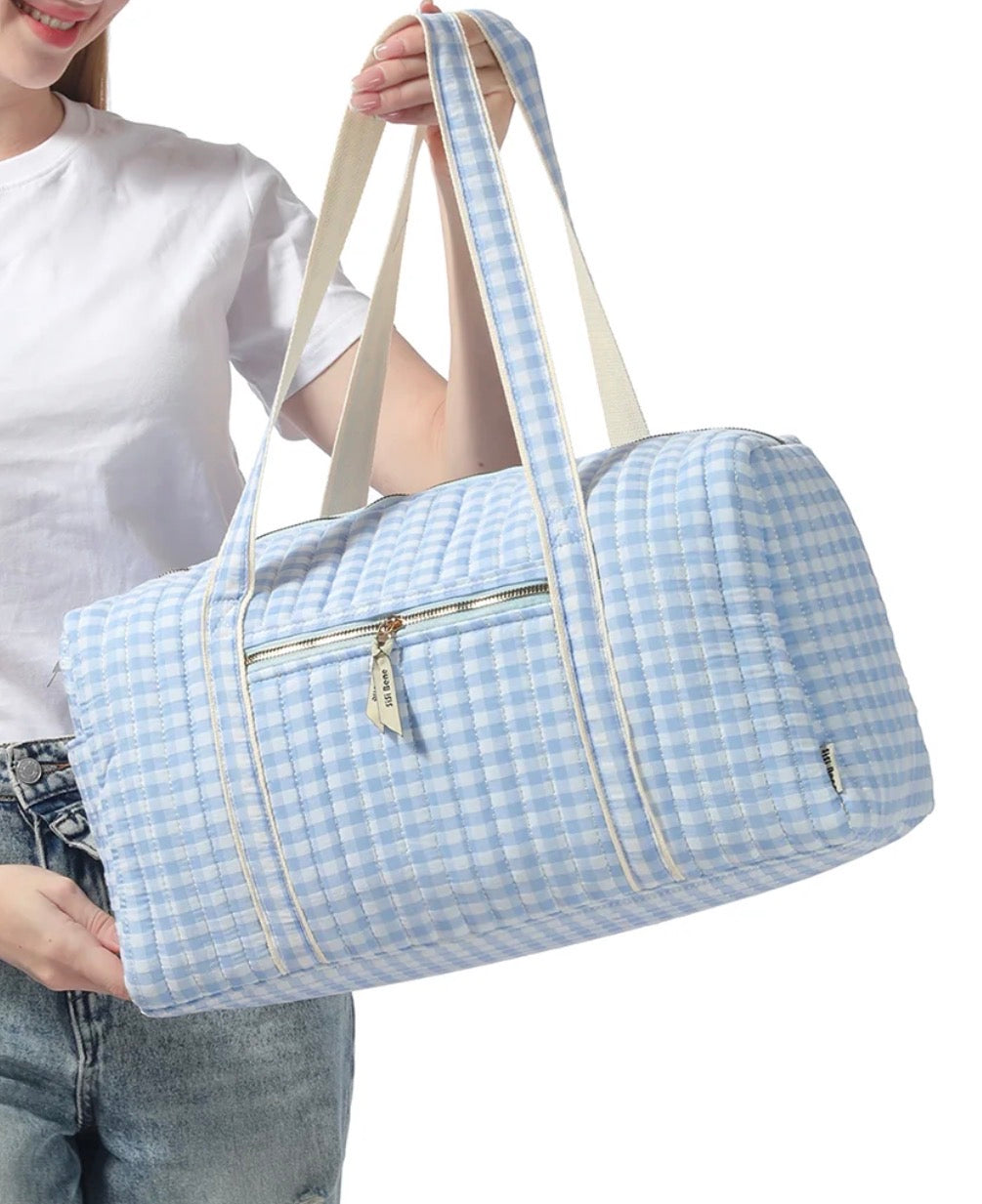 Light Blue Plaid Quilted Weekender Tote Bag