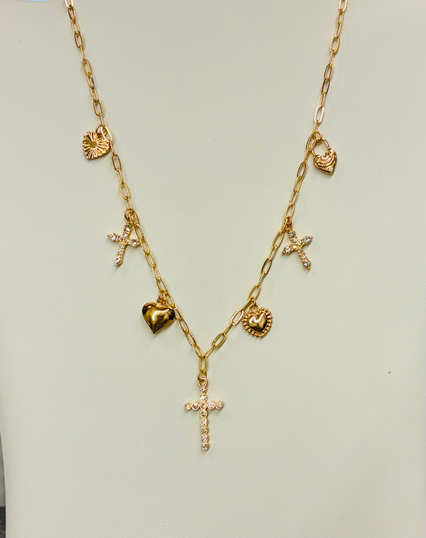 Gold Charm Necklace Cross, Heart, Locket