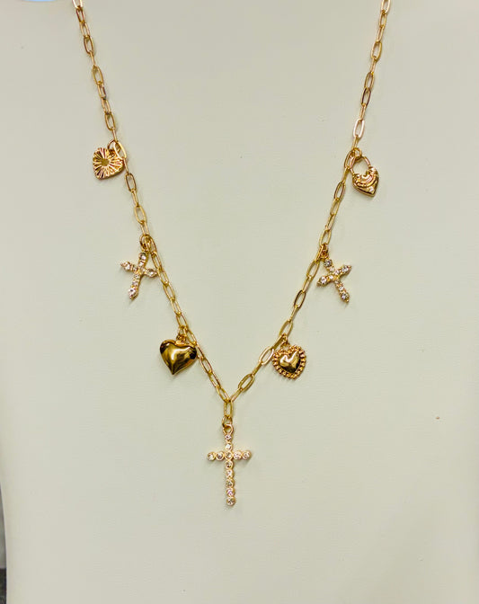 Gold Charm Necklace Cross, Heart, Locket