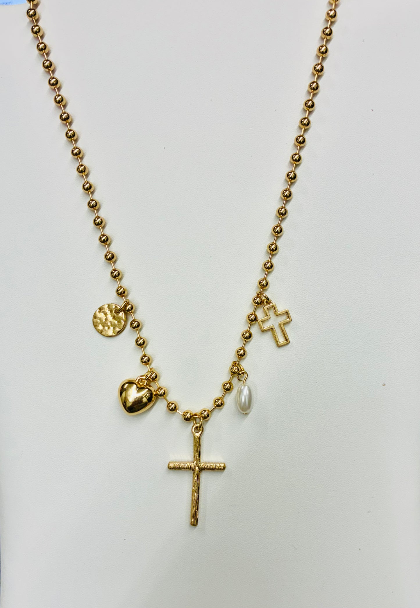 Gold Beaded Charm Necklace - Cross, Heart, Pearl