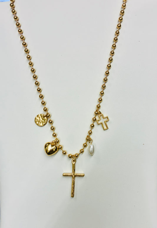 Gold Beaded Charm Necklace - Cross, Heart, Pearl