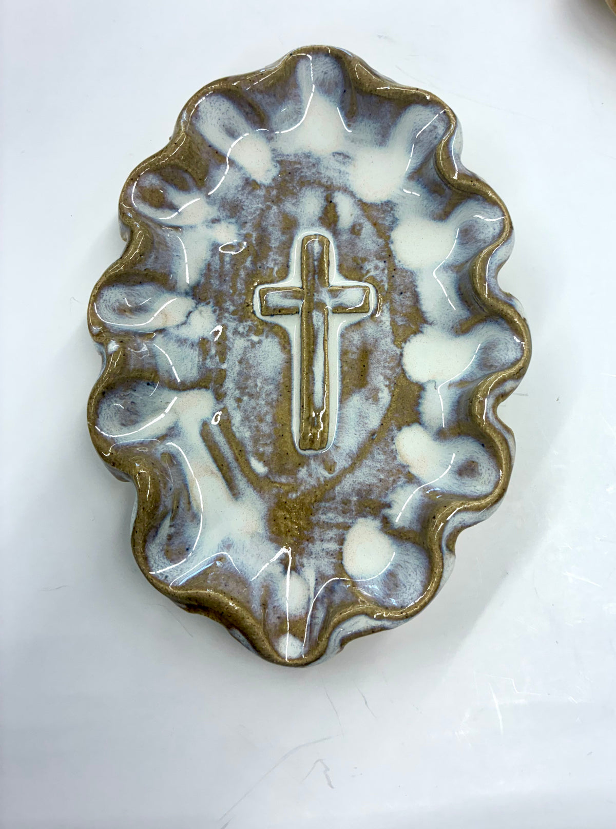 Ruffled Cross Dish 7x5” -Tab Boren Pottery #236