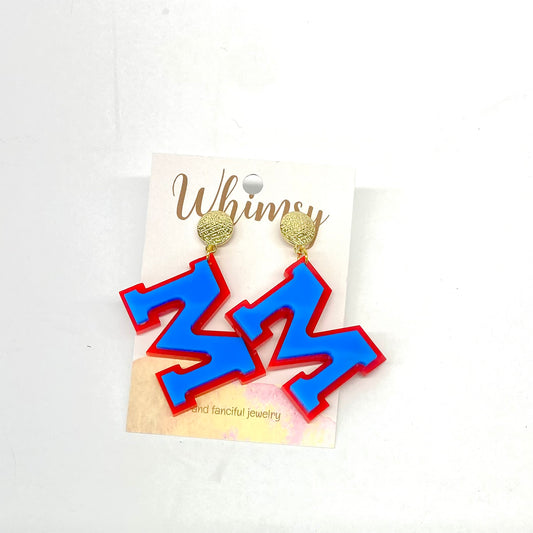 “M” Powder Blue and Red Earrings for Ole Miss Rebels /  Whimsy Jewels