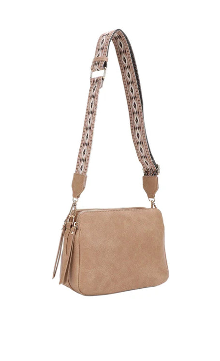 Mila 3-Compartment Crossbody Bag with Guitar Strap - Taupe