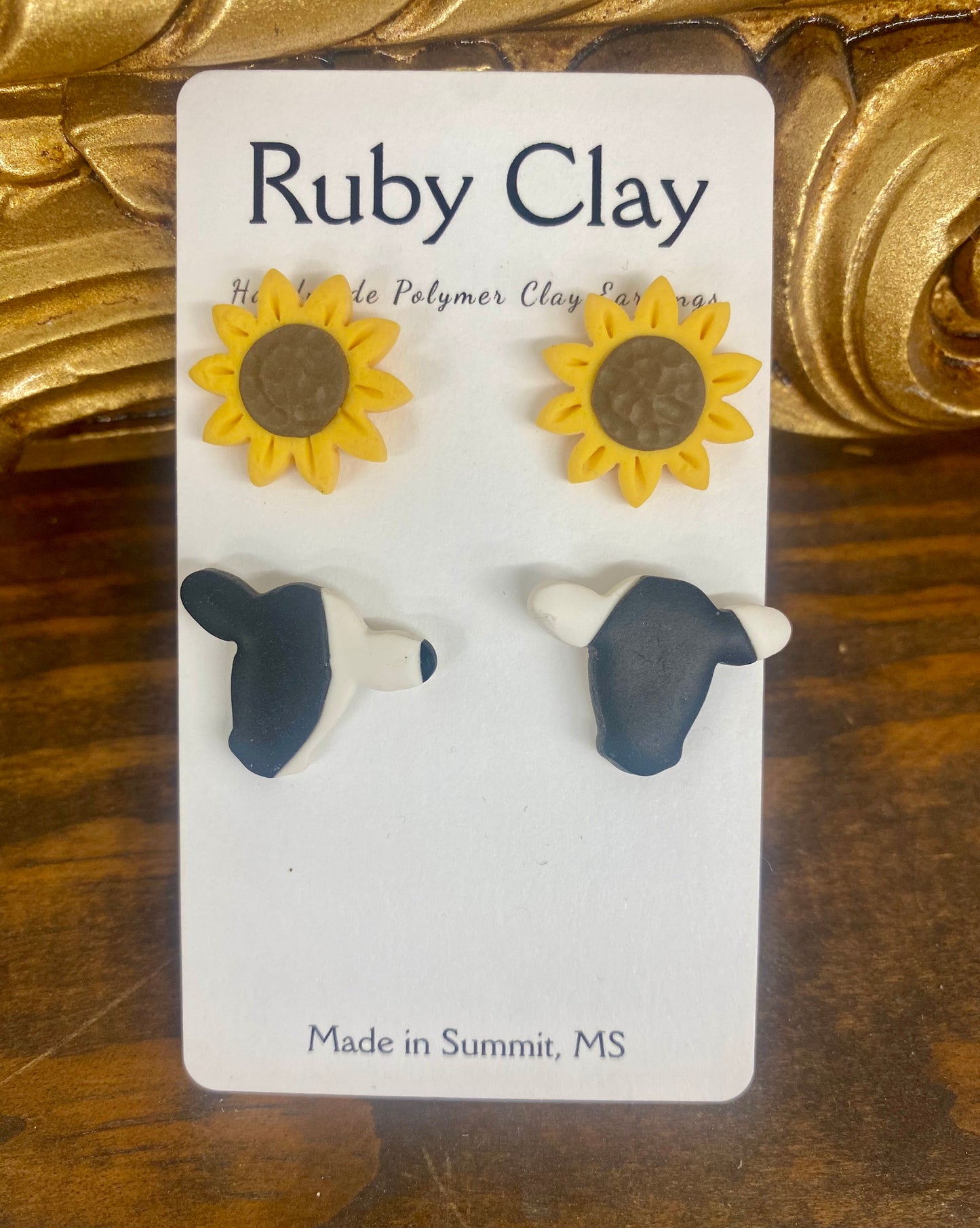 Polymer Clay Sunflower & Cow Studs by Ruby Clay