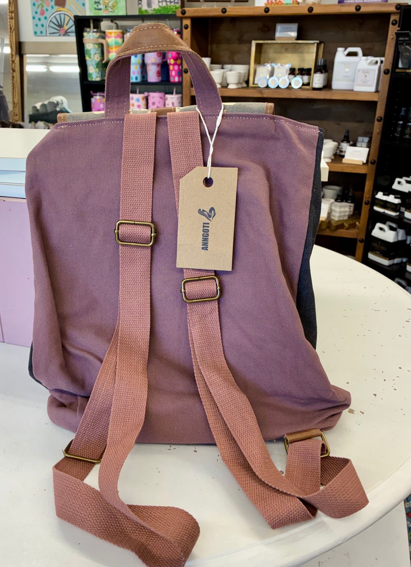 Angotti Backpack made from premium leather and durable canvas, decorated with hand printed patterns