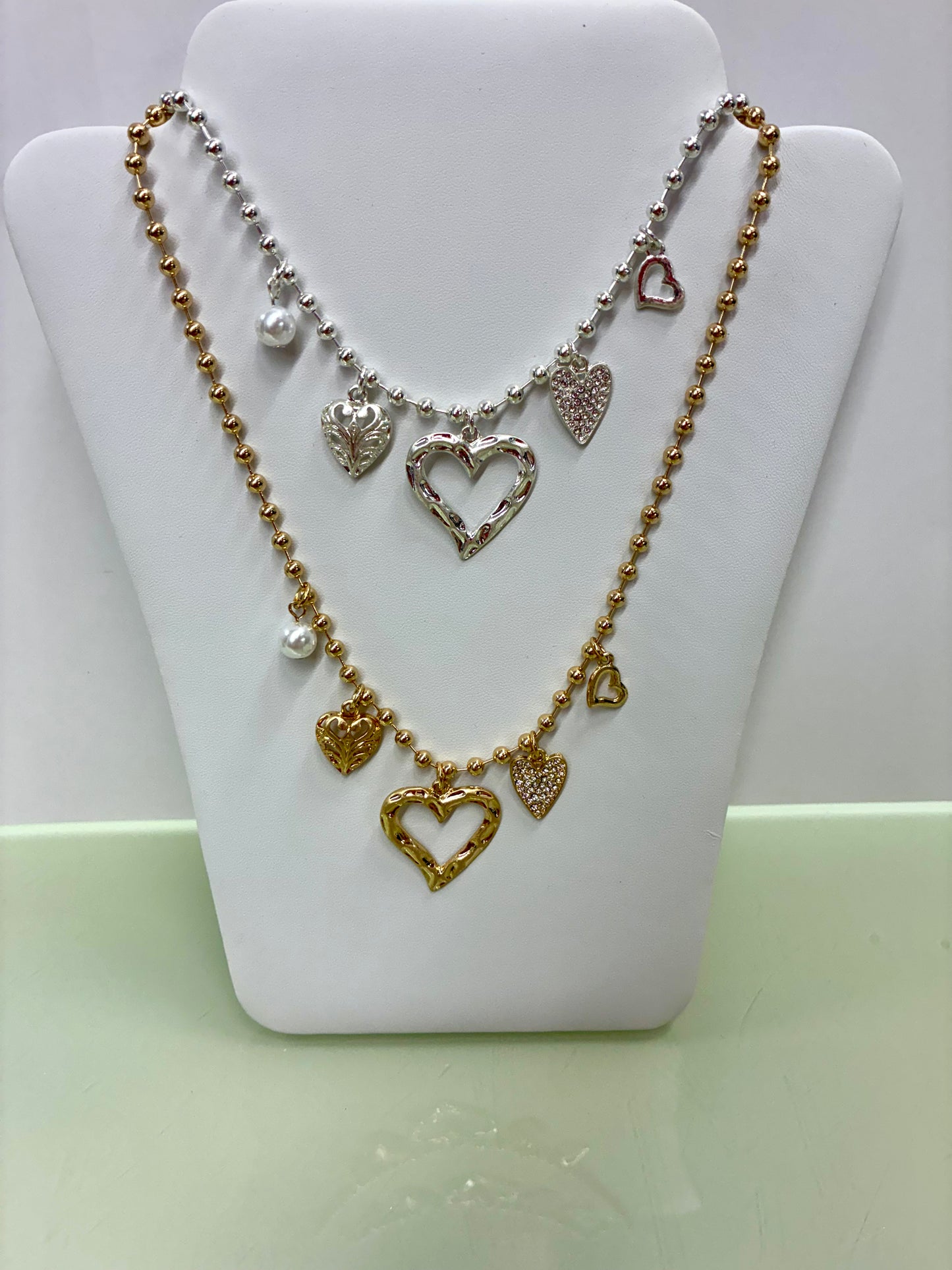 Gold or Silver Beaded Heart Charm Necklaces