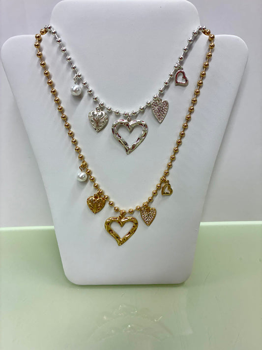 Gold or Silver Beaded Heart Charm Necklaces