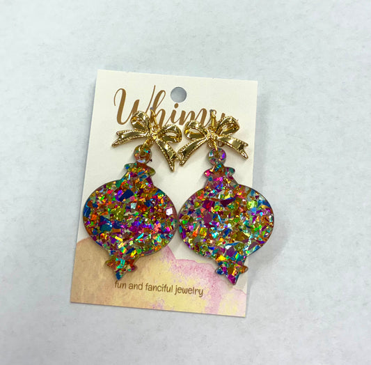 Iridescent Ornament Gold Bow Earrings